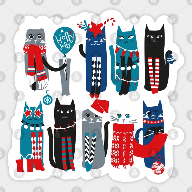 Feline Christmas vibes // print // blue background blue white and black kittens Sticker by SelmaCardoso